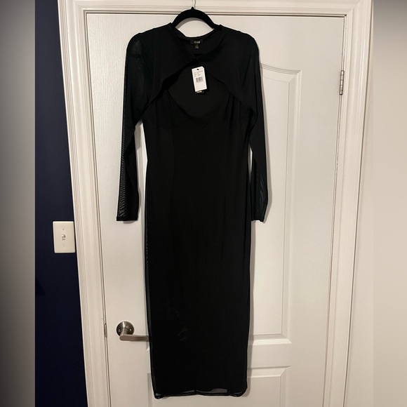 Women’s black midi dress with mesh sleeve detail - Picture 1 of 3